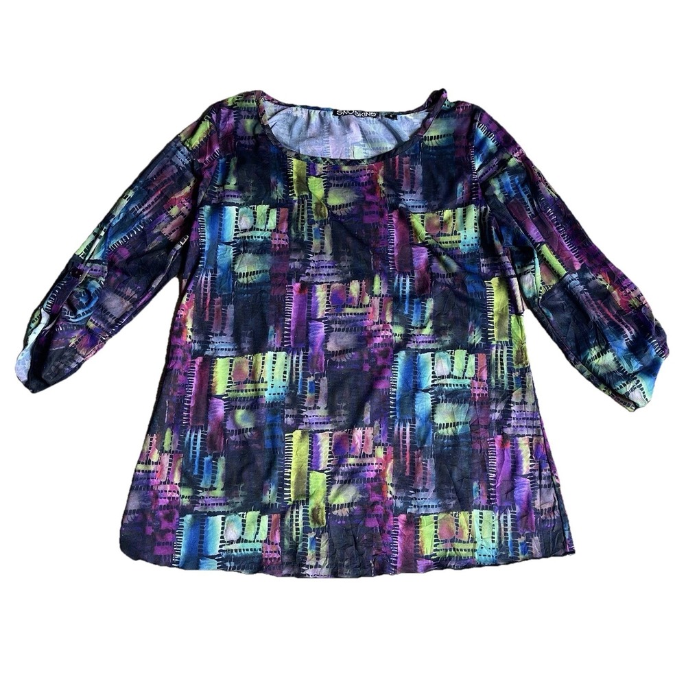 Snowskins Small Sheer Abstract Blouse Women's Mesh Lightweight Artsy Top